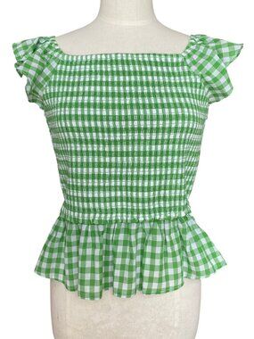 Draper James RSVP Gingham Smocked Square Neck Top Green White Cottage Coastal-L